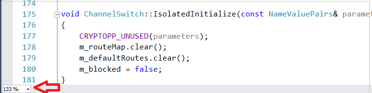 Skärmbild av zoomkontrollen längst ned till vänster på skärmen. Det är en listruta med olika zoomalternativ som 133%.