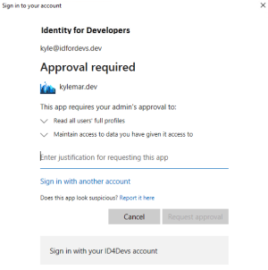 Skärmbild av dialogrutan Godkännande krävs som beskriver de behörigheter som appen begär med ett textfält för att ange en motivering för att begära den här appen.
