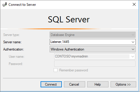 Skärmbild av Anslut med en nondefault-port.