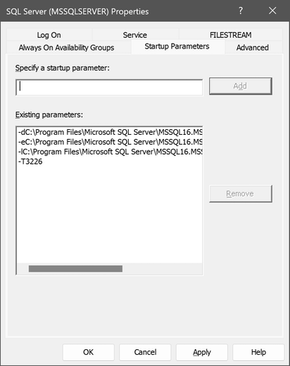 Skärmbild av dialogrutan EGENSKAPER för SQL Server (MSSQLSERVER) med fliken Startparametrar markerad.