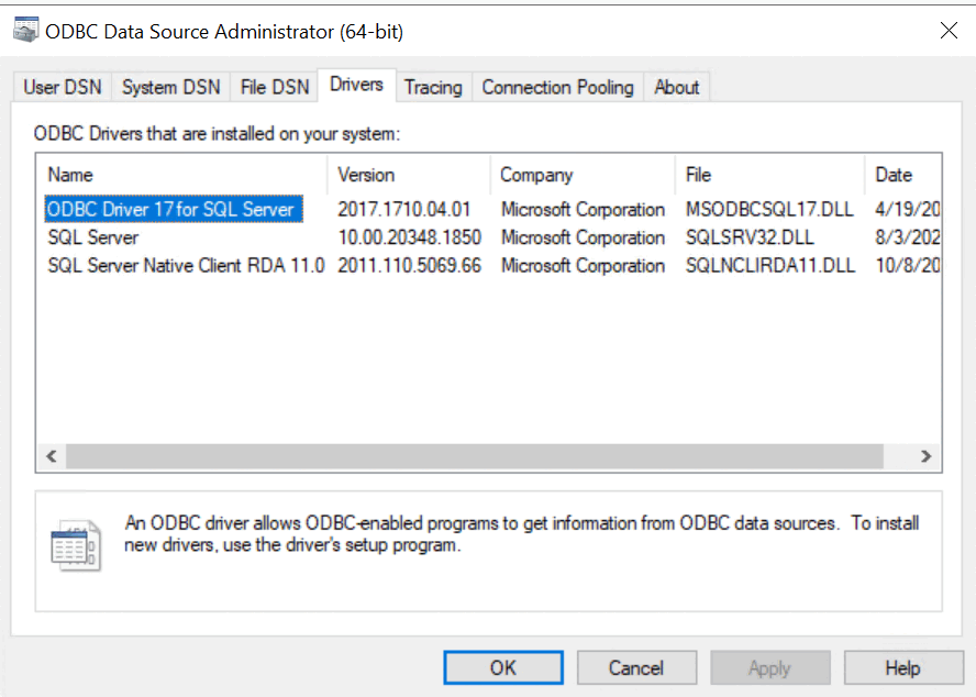Screenshot of the ODBC Data Source Administrator drivers that are available.