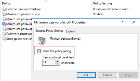 Skärmbild av säkerhetsinställningen för minsta lösenordslängd.