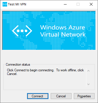Skärmbild av test-MI VPN som ansluter till Azure Virtual Network.