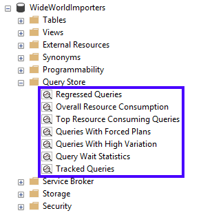 Skärmbild från SSMS som visar platsen för Query Store-vyerna.