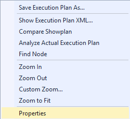 En skärmbild från SQL Server Management Studio som anger var du ska högerklicka på egenskaperna i en planoperator.