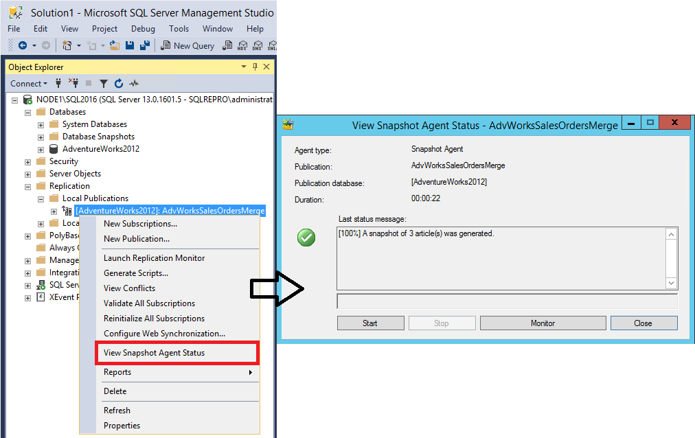 Val för att visa status för ögonblicksbildsagent