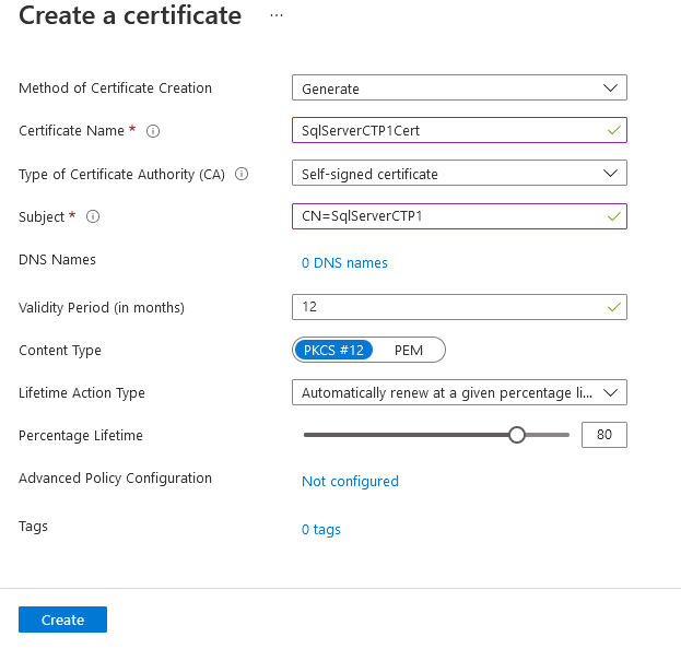 Skärmbild av att skapa certifikat i Azure-portalen.