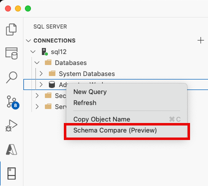 Skärmbild av menyalternativet Schemajämförelse i Visual Studio Code-objektutforskaren.
