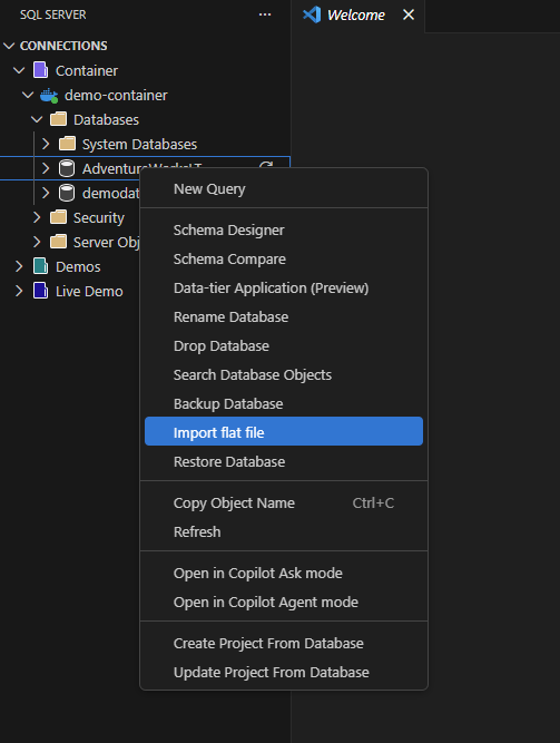 Skärmbild av alternativet Importera flat fil i snabbmenyn i Object Explorer.