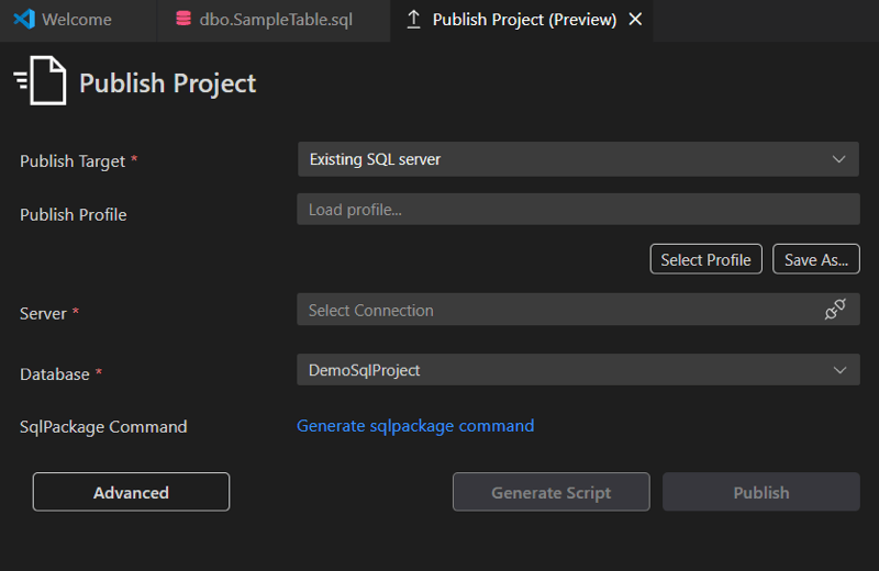 Skärmbild av dialogrutan Publicera projekt som visar fälten publicera mål, server och databas.