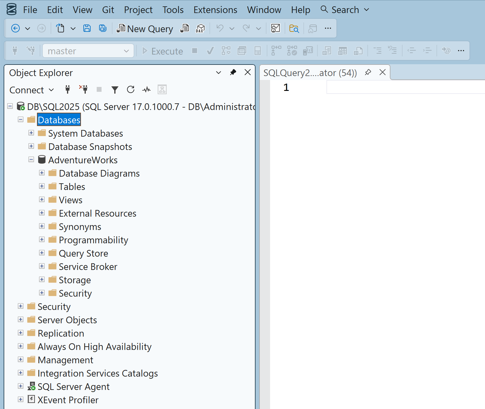Skärmbild av SQL Server Management Studio.