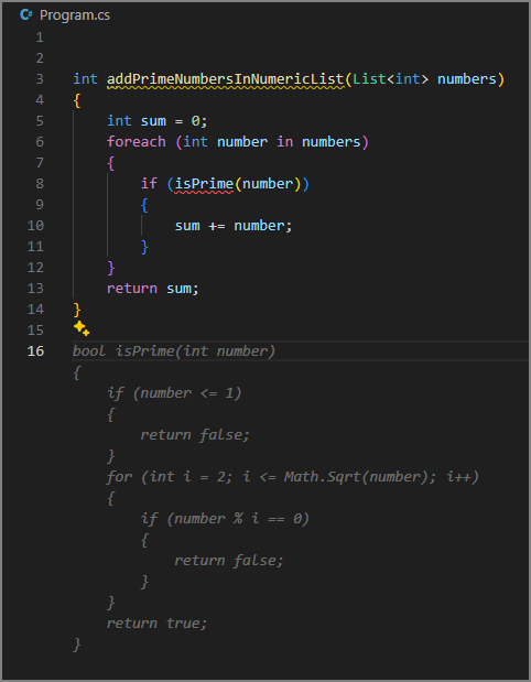 Skärmbild som visar automatisk komplettering för att lägga till isPrime-metoden.