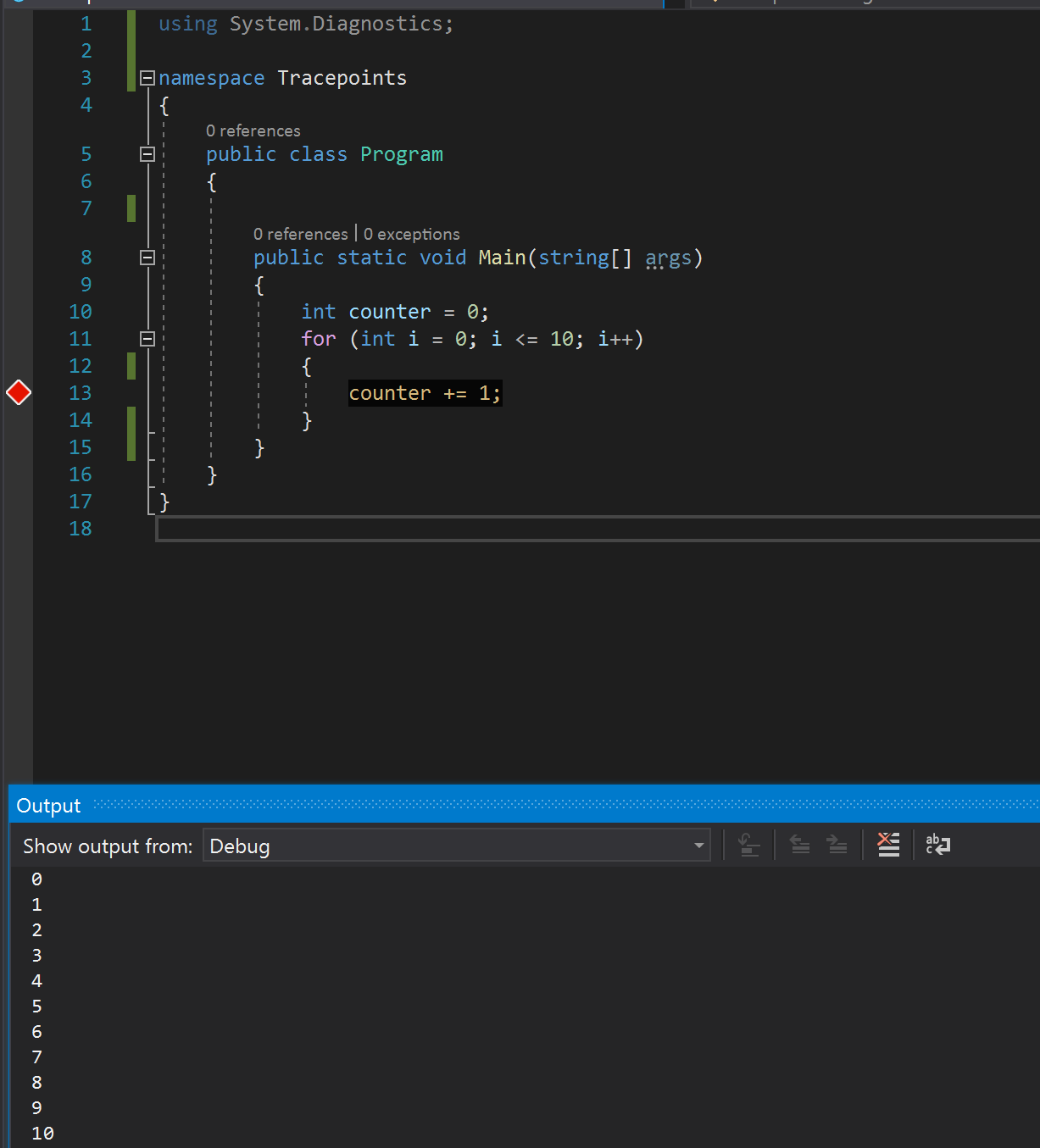 Skärmbild som visar åtgärdsmeddelande i utdatafönstret.