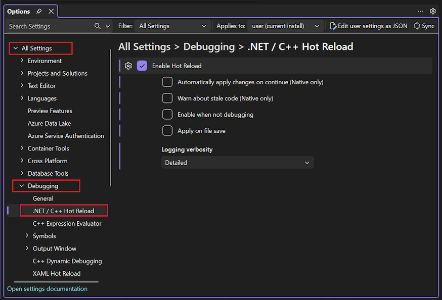 Skärmbild av inställningar för .NET C++ Hot Reload i Visual Studio.