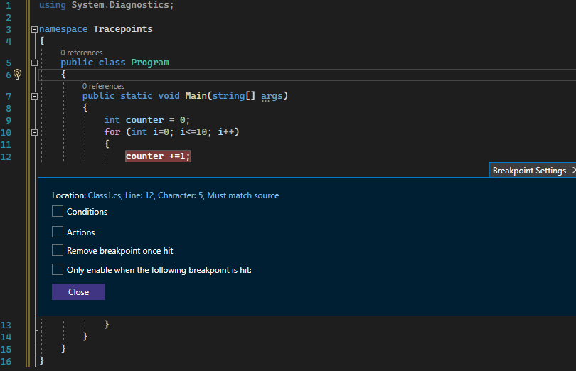 Skärmbild som visar brytpunktsfönstret.