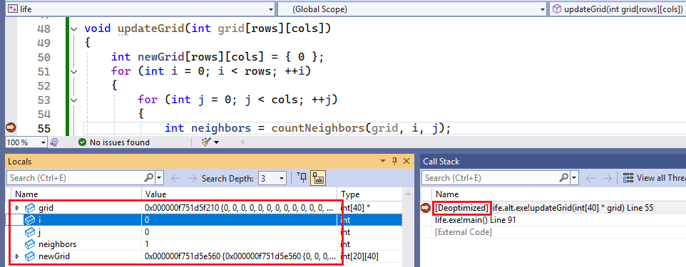 En skärmbild som visar felsökning av funktionen updateGrid.