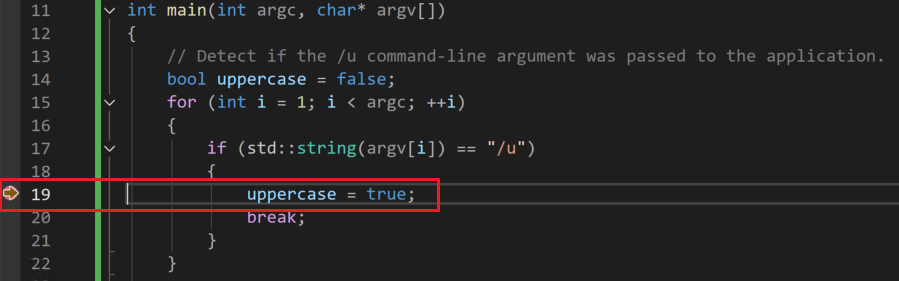 Skärmbild av felsökningsprogrammet som stoppades på rad 18, versaler = true.