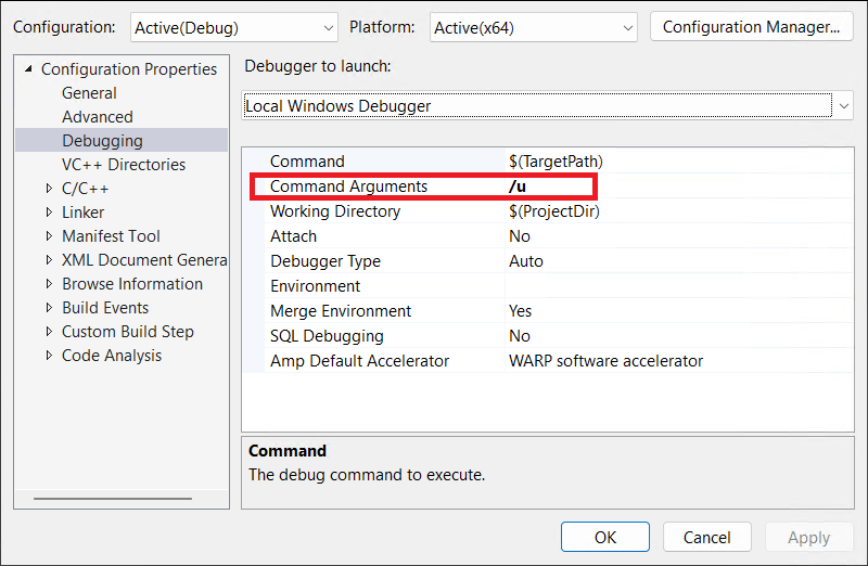 Skärmbild av sidan Felsökning i projektegenskaperna. Textrutan kommandoradsargument innehåller /u.