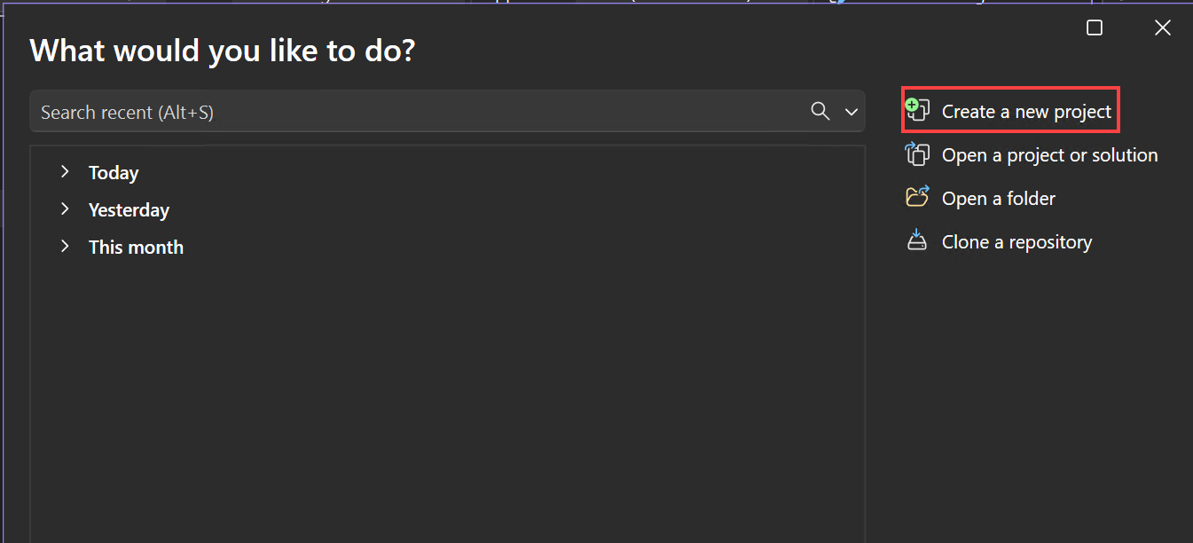 Skärmbild av startfönstret i Visual Studio med alternativet Skapa ett nytt projekt markerat.