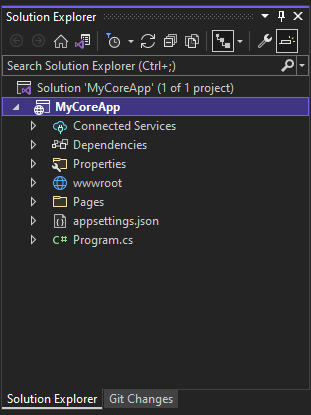 Skärmbild som visar det valda MyCoreApp-projektet och dess innehåll i Solution Explorer i Visual Studio.