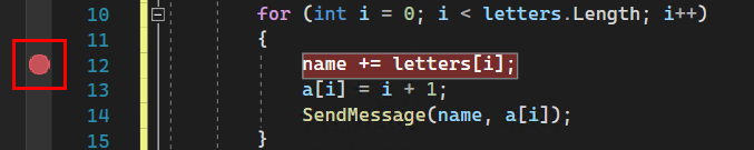 Skärmbild av en brytpunkt i Visual Studio 2022.