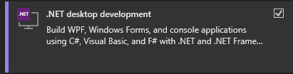Skärmbild som visar arbetsbelastningen för .NET-skrivbordsutveckling i Visual Studio Installer.