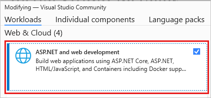Skärmbild som visar hur du ändrar en arbetsbelastning i Visual Studio Installer.