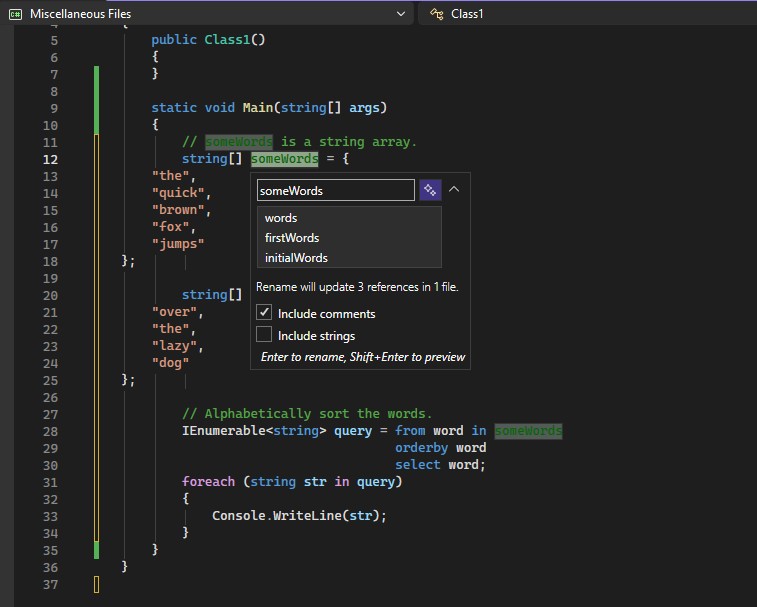 Skärmbild av popup-rutan Byt namn i redigeringsprogrammet för Visual Studio.