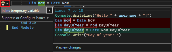 Screenshot som visar förslag på infogad tillfällig variabel i Visual Studio 2022.