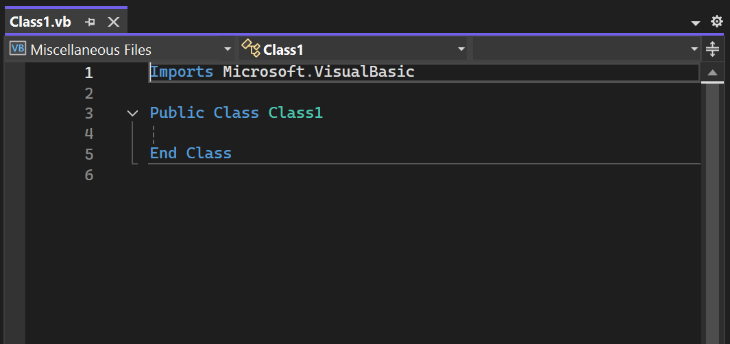 Skärmbild av en ny Visual Basic-klassfil i kodredigeraren för Visual Studio.
