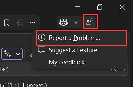 Skärmbild som visar feedbackikonen som valts i det övre högra hörnet i Visual Studio-fönstret och Rapportera ett problem som valts på snabbmenyn.