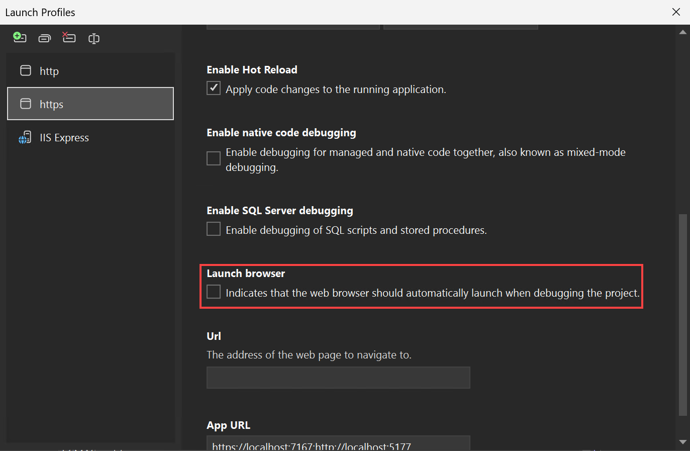 Skärmbild som visar användargränssnittet för felsökningsstartprofiler.