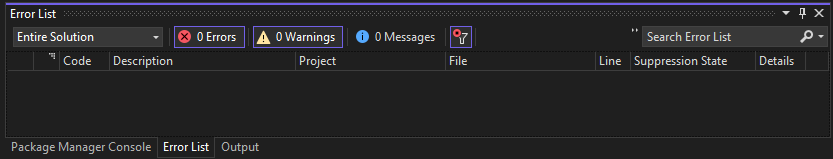 Skärmbild av fellistan i Visual Studio.