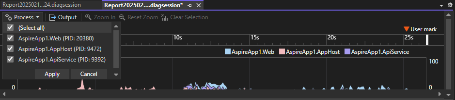 Skärmbild som visar filter för flera processer.