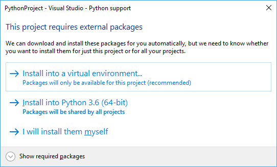 Skärmbild som visar dialogrutan för att installera paket för en projektmall i Visual Studio.