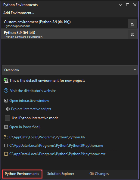 Skärmbild som visar fönstret Python-miljöer i Visual Studio.