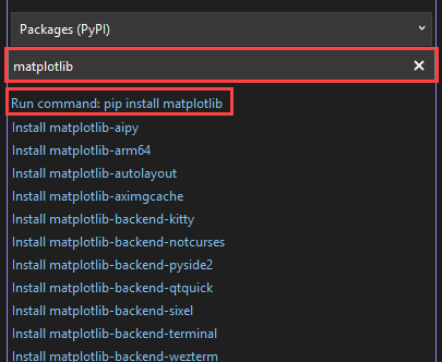 Skärmbild som visar hur du installerar matplotlib-biblioteket för den valda miljön i Fönstret Python-miljöer i Visual Studio.