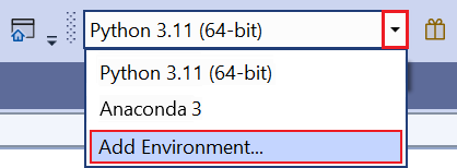 Skärmbild som visar kommandot Lägg till miljö i Python-verktygsfältet i Visual Studio.