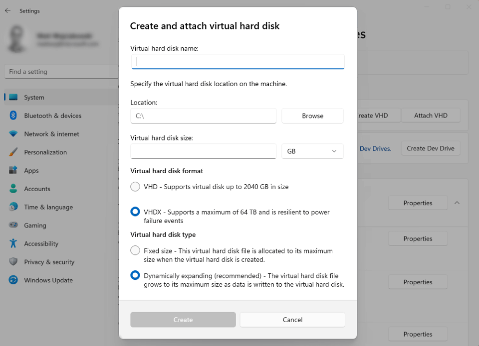 Skärmbild av Skapa och koppla en virtuell hårddisk
