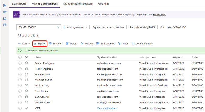 Screenshot of the manage portal. The Export menu is highlighted. Export subscribers