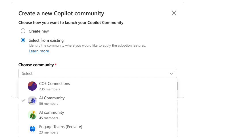 Screenshot that shows the community selection to convert to support Copilot.