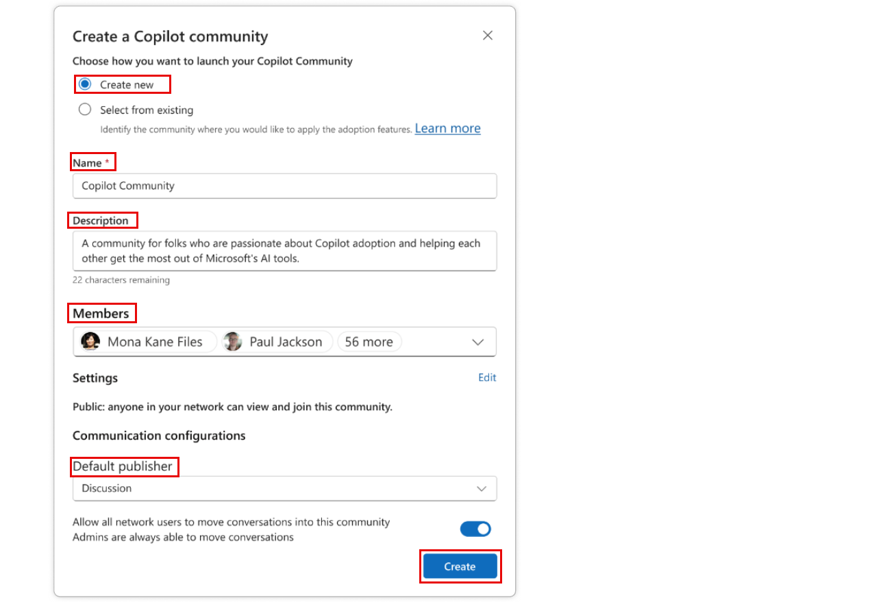 Screenshot that shows how to create the new Copilot community.