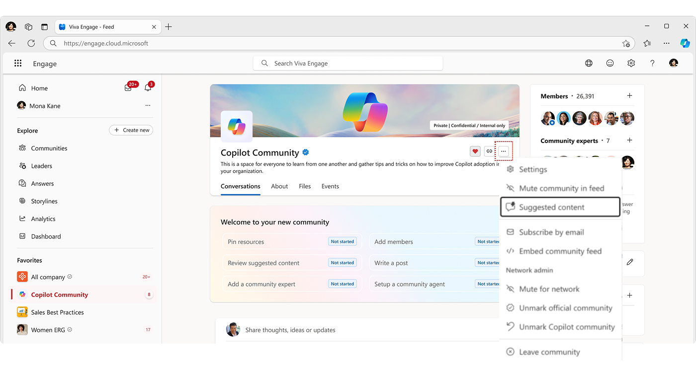 Screenshot that shows the access to suggested content by the Copilot community.