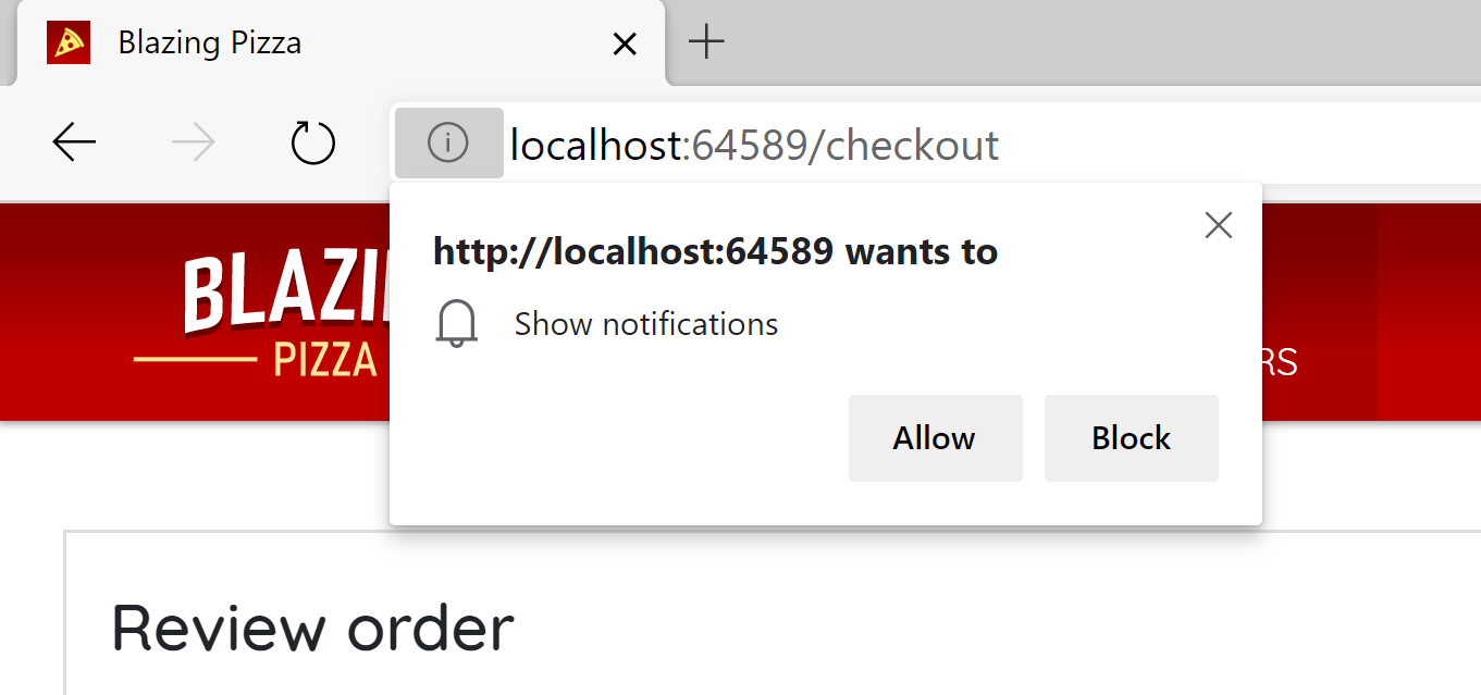 Blazing Pizza 应用请求用户显示通知的权限。