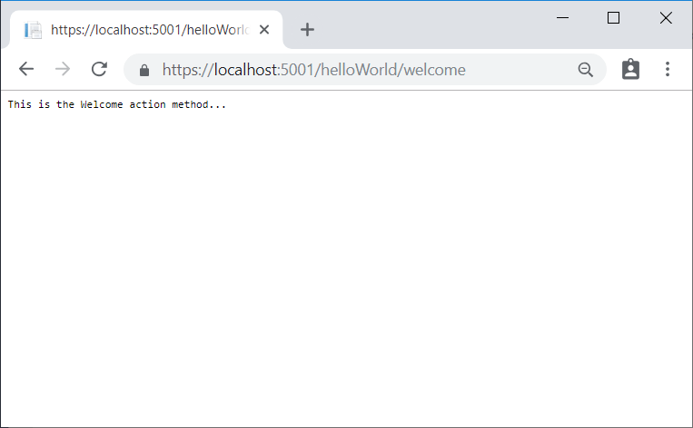 显示“这是 Welcome 操作方法”应用程序响应的浏览器窗口