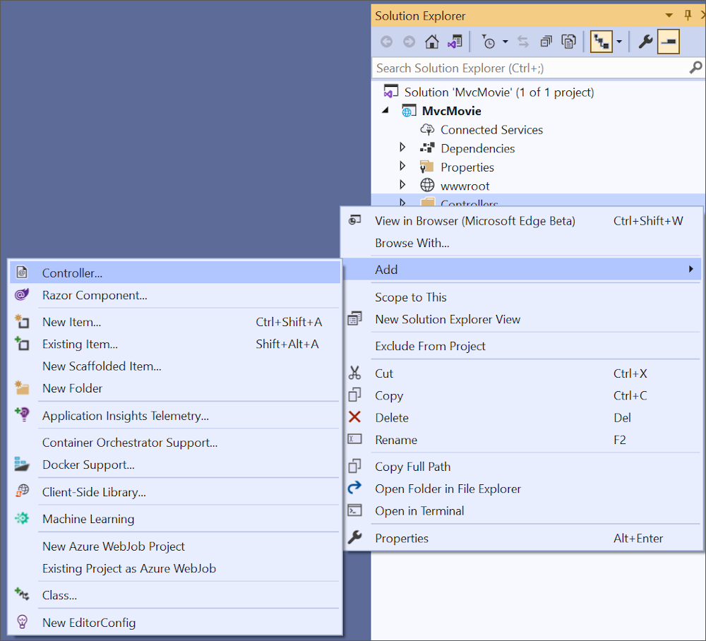 在“解决方案资源管理器”中，右键单击“控制器”>“添加”>“控制器”