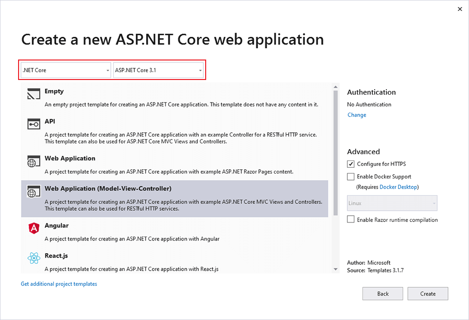 “新建项目”对话框，左窗格中的 .NET Core，ASP.NET Core Web