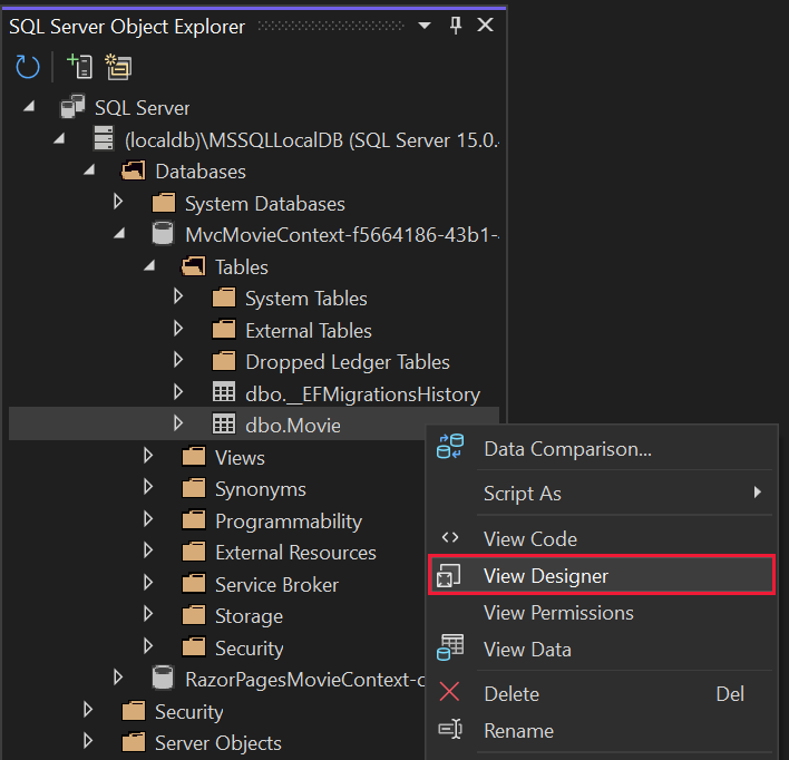 右键单击 Movie 表 >“视图设计器”。