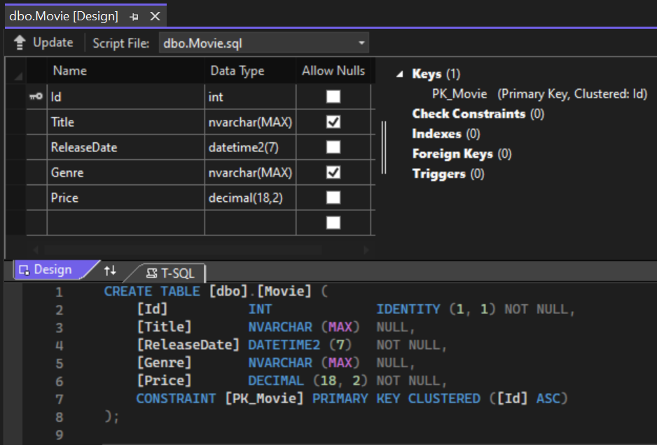 设计器中打开的 Movie 表