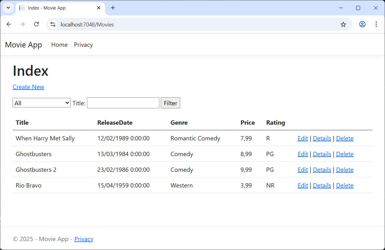 索引视图：Release Date 为一个词（没有空格），每个电影发行日期都显示时间中午 12 点